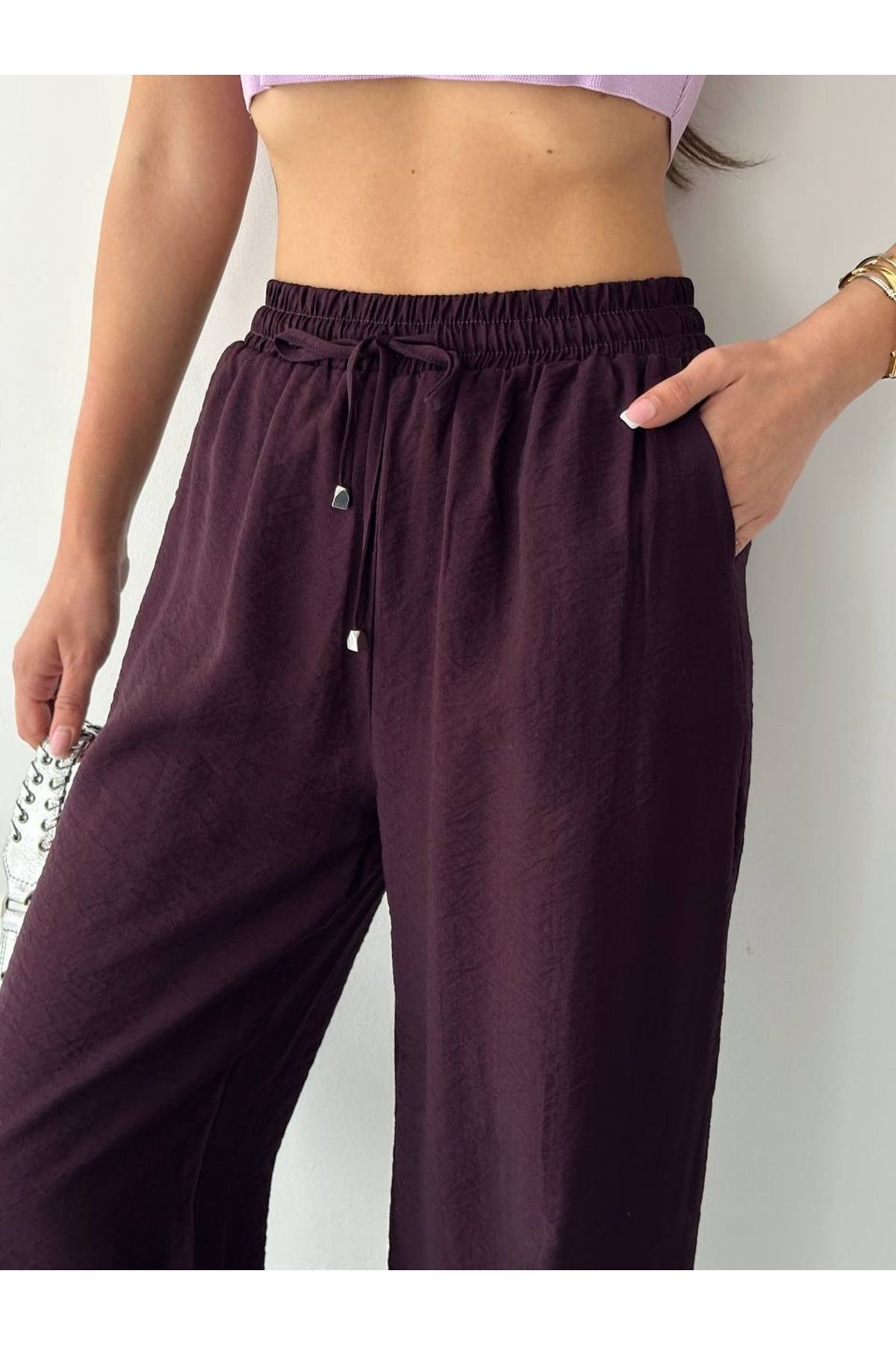 Bordo Aec Prive kadın pamuklu palazzo pantolon, rahat bir oturuş ve şık görünüm sunar.