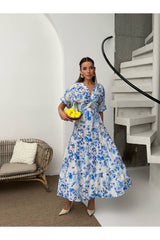 Aec Prive kadın yazlık uzun elbise, mavi çiçek desenli, zarif kesim ile modern bir görünüm sunar