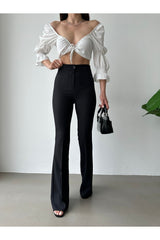 Aec Prive kadın yüksek bel ispanyol paça pantolon ile şık bir üst kombinasyonu