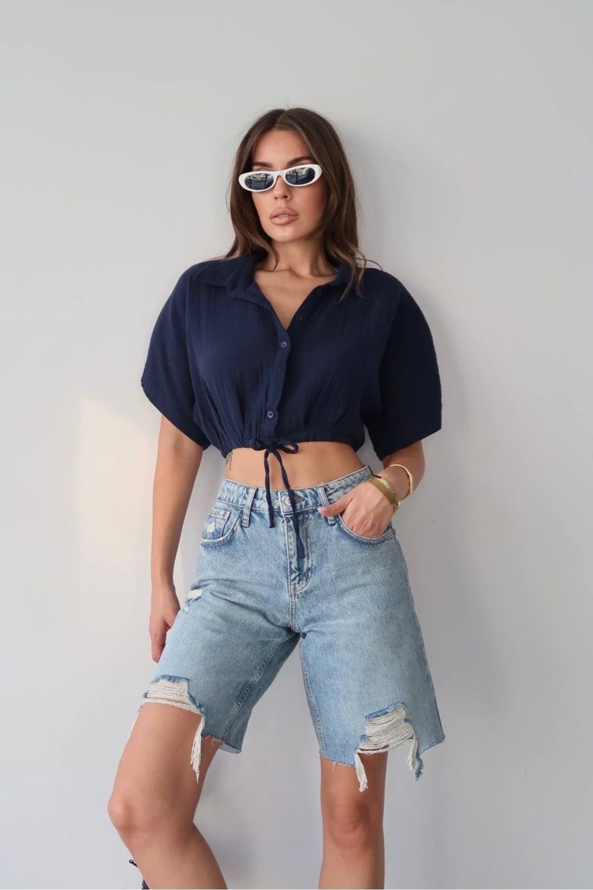 Aec Prive özel tasarım kadın bağlamalı gömlek, mavi tonlarıyla şık yaz stili için ideal