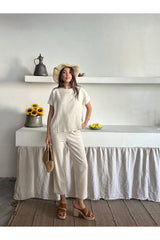 Aec Prive pamuk keten ikili takım, şık görünüm için rahat bir tasarıma sahip doğal tonlarda