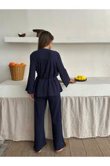 Aec Prive pamuklu kadın gömlek pantolon takım, şık bir görünüm için mavi renk ve rahat kesim ile