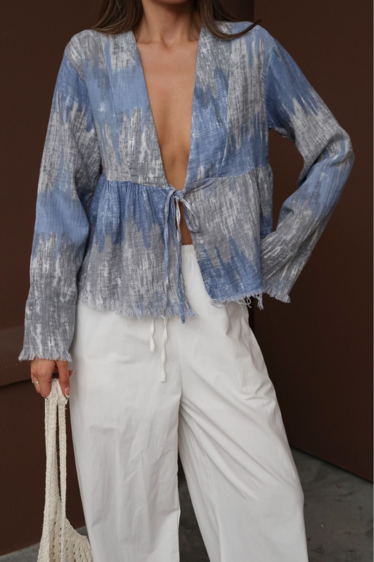 Aec Prive pamuklu kadın kimona gömlek, mavi tonlarda, açık yakalı, rahat kesim