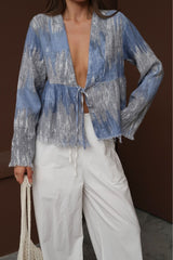 Aec Prive pamuklu kadın kimona gömlek, mavi tonlarda, açık yakalı, rahat kesim