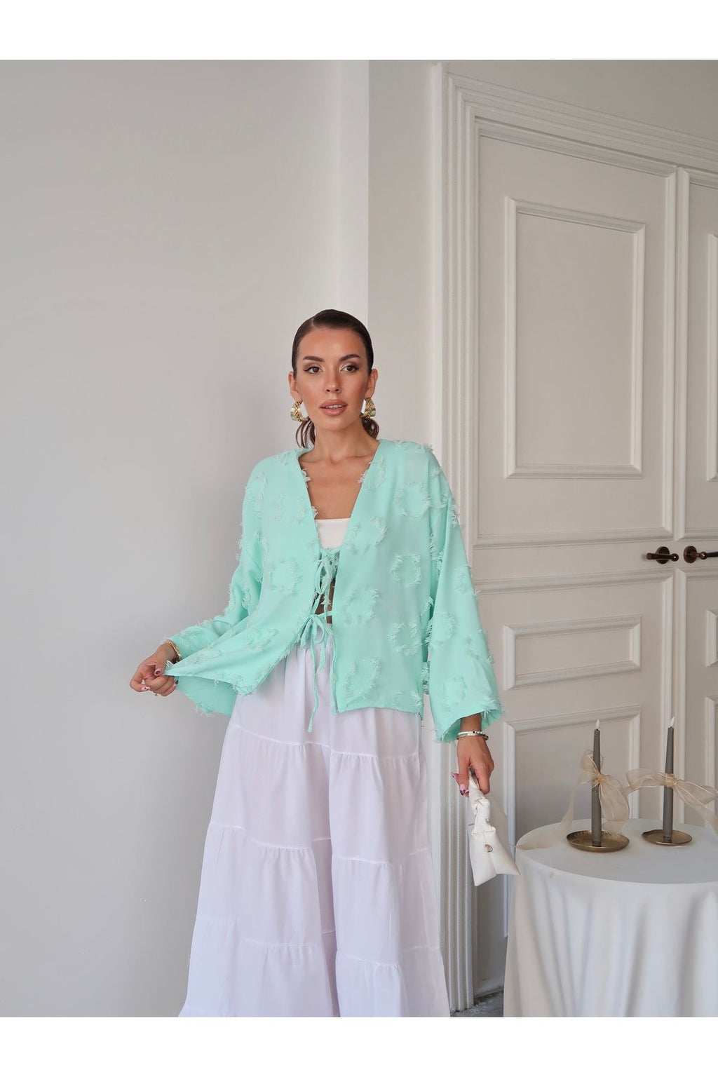 Aec Prive mint yeşili yazlık müslin kimono gömlek, şık ve hafif yaz kombinleri için ideal