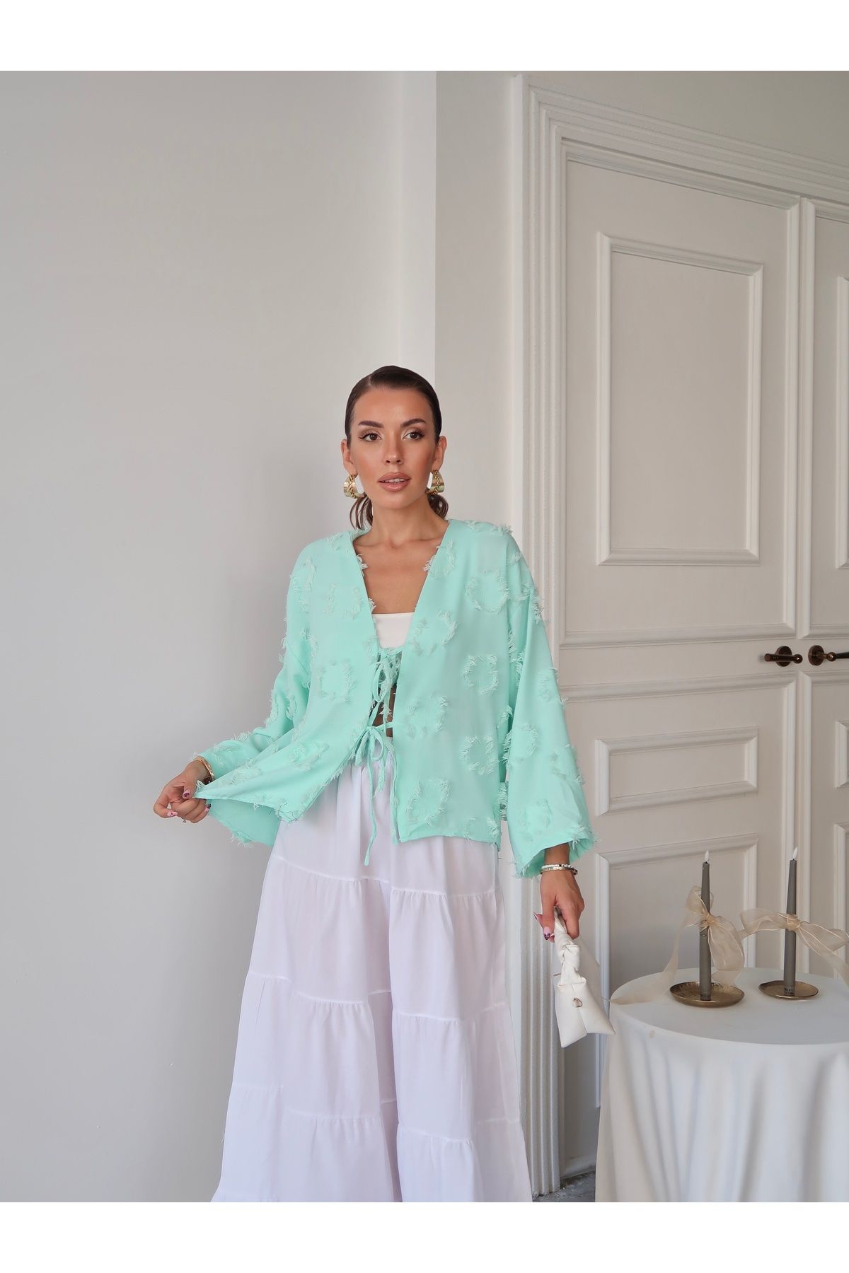 Aec Prive mint yeşili yazlık müslin kimono gömlek, şık ve hafif yaz kombinleri için ideal