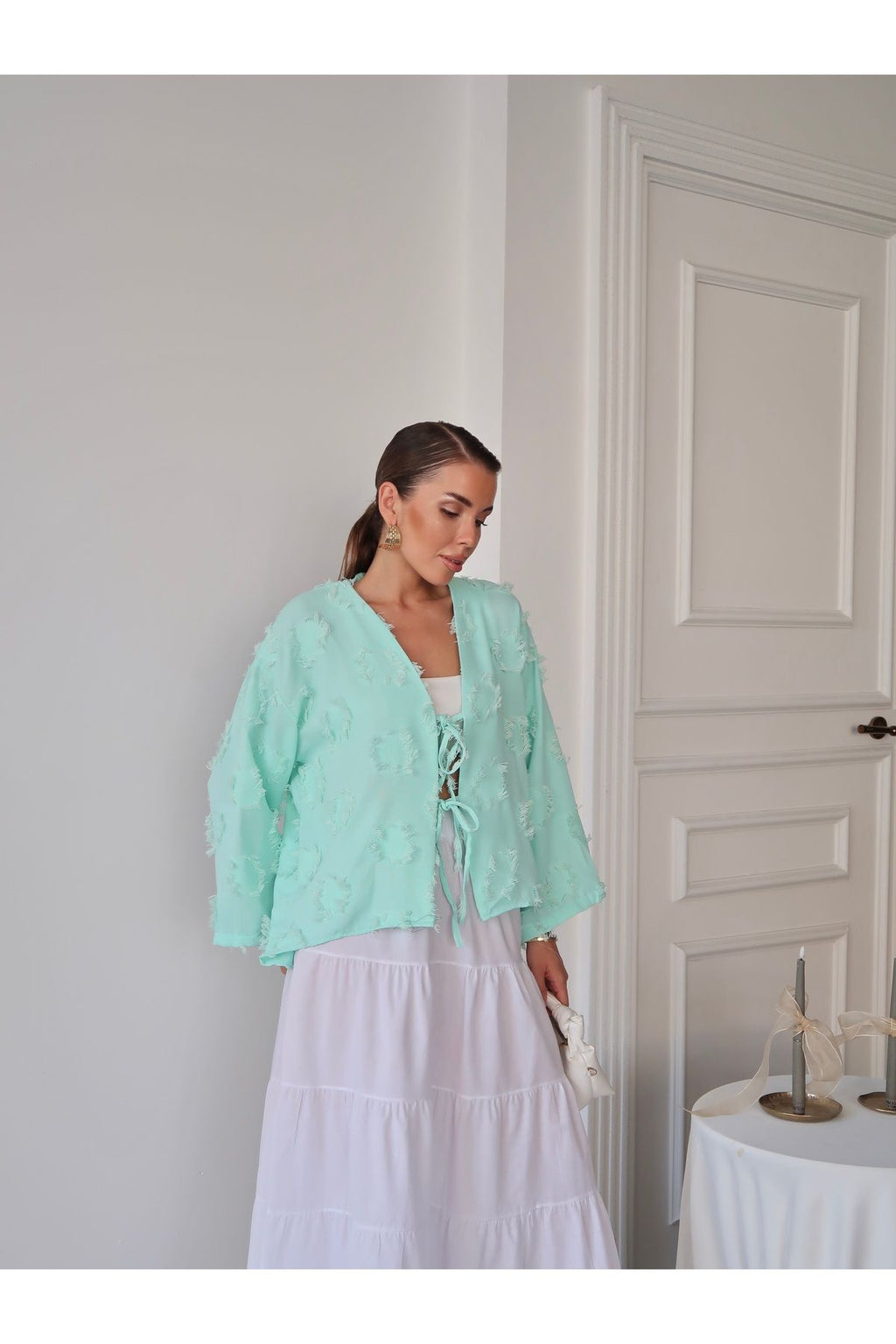 Aec Prive yazlık müslin kimono gömlek, mint yeşili, şık ve rahat yaz modası için ideal