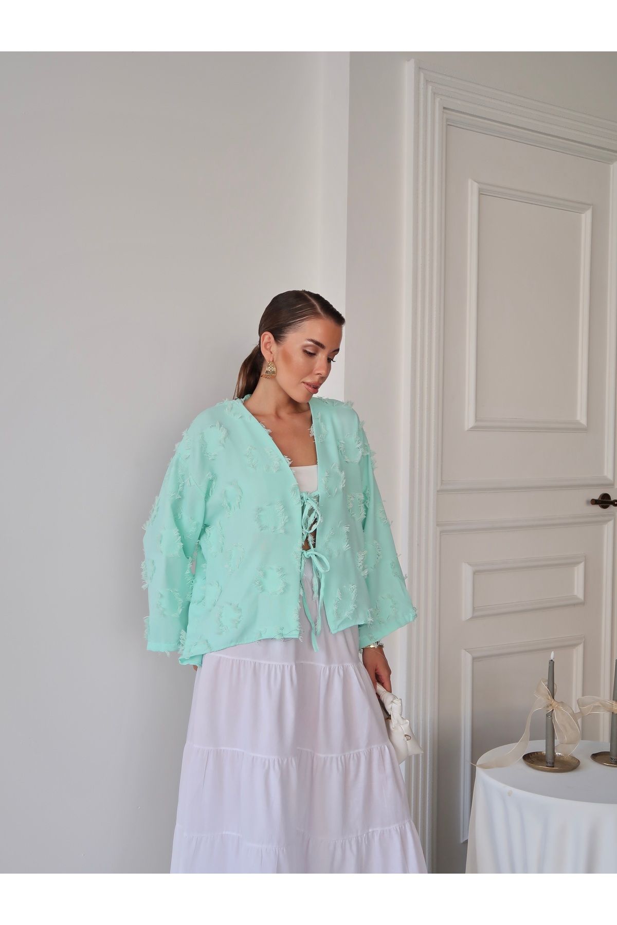 Aec Prive yazlık müslin kimono gömlek, mint yeşili, şık ve rahat yaz modası için ideal